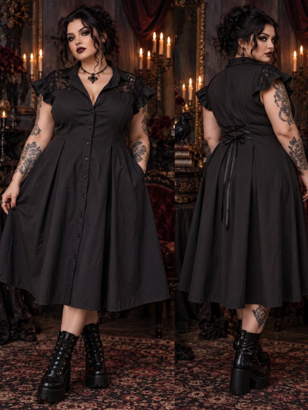 Scarlet Darkness Black Lace Ruffle Button Front Gothic Dress 2XL